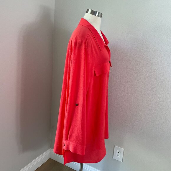 Catherines Womens Plus 2X Coral Button Up Blouse Roll Tab Sleeve Pocket Shirt - Picture 3 of 11